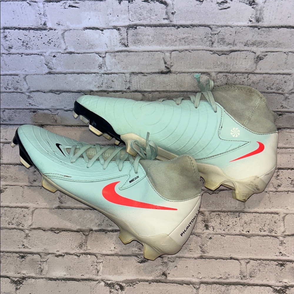 Nike Phantom Soccer Cleats Mint Green with Neon Coral Swoosh